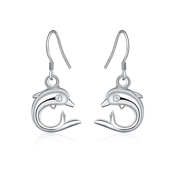Cute Little Dolphin Drop Earrings " Hypoallergenic " Solid Sterling Silver - Picture 5 of 6